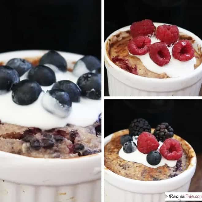 air fryer oatmeal in ramekins with berries on top.