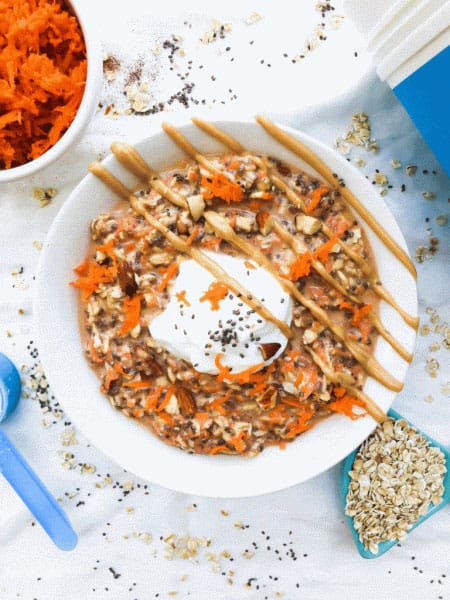 Carrot cake oats in white bowl.