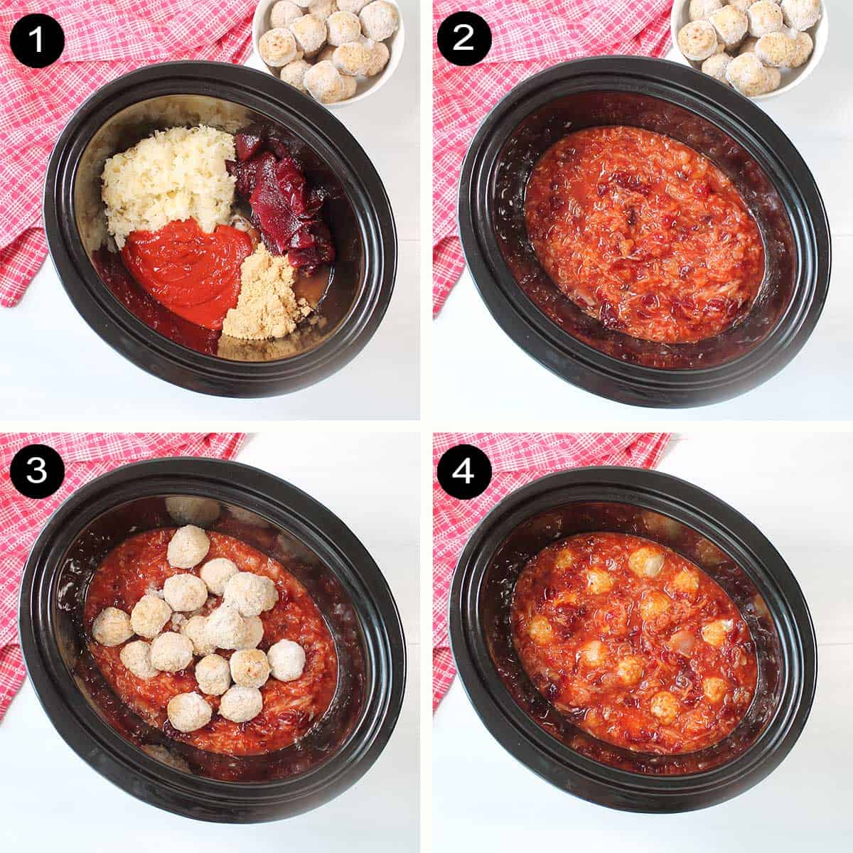 Sweet and Sour Meatballs with cranberry sauce prep steps.