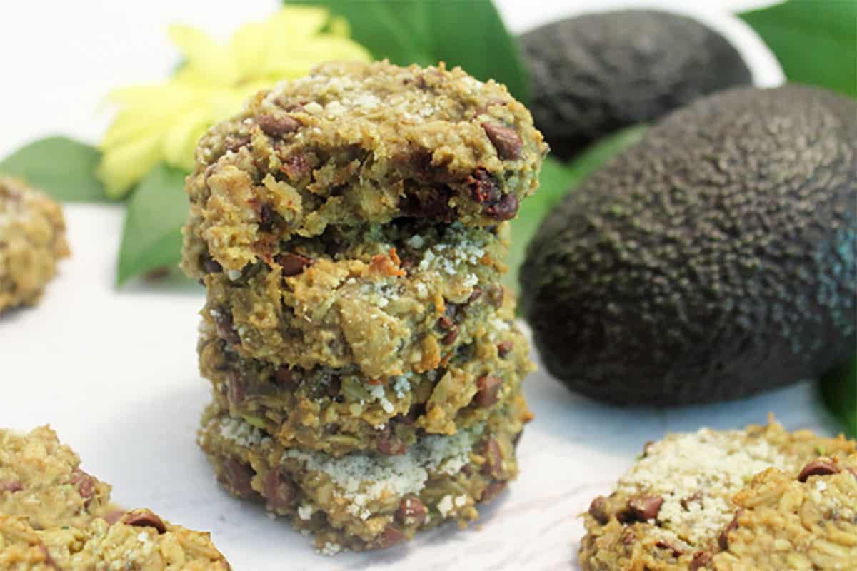 Stack of Avocado Oatmeal Cookies with bite taken out.