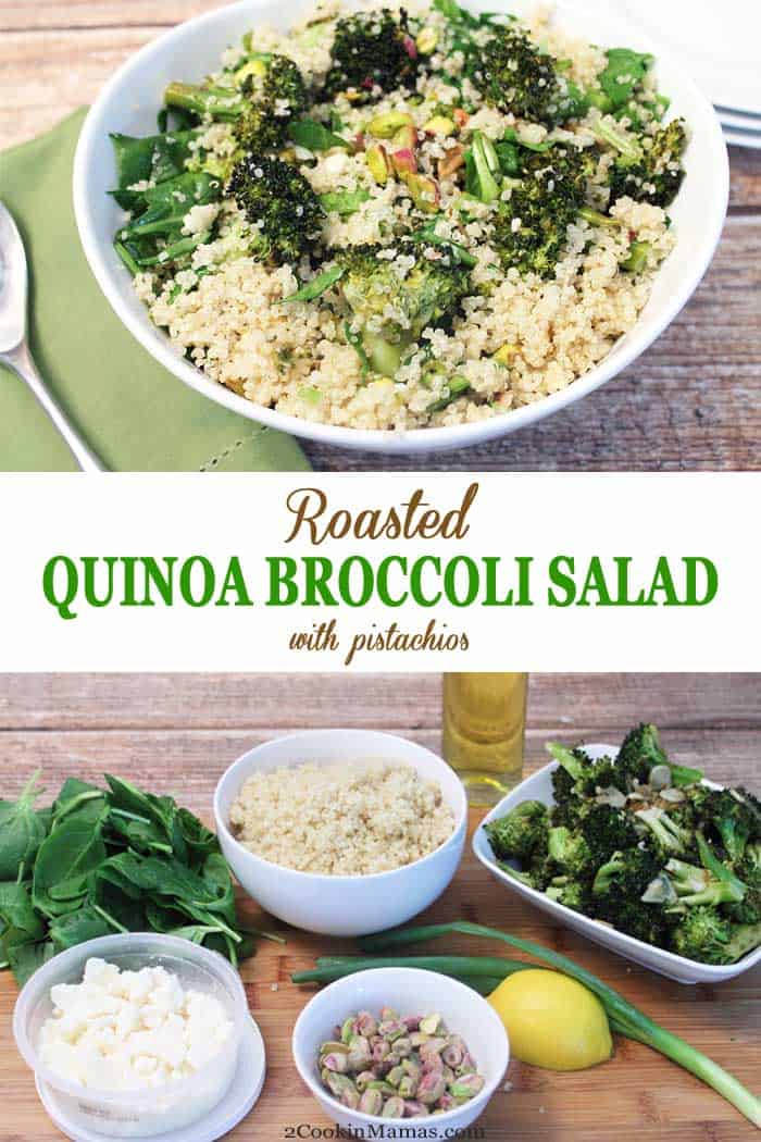 Roasted Quinoa Broccoli Salad | 2 Cookin Mamas Roasted Quinoa Broccoli Salad is healthy, full of protein & easy to throw together. It can be a side, a meatless meal or, add chicken, salmon or shrimp, for the perfect lunch or dinner. #sidedish #healthy #quinoa #broccoli #meatlessmeal #dinner