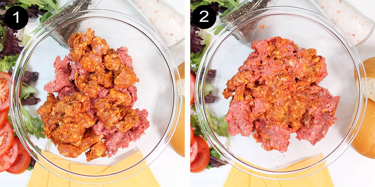 2 steps to mix chorizo and beef in bowl.