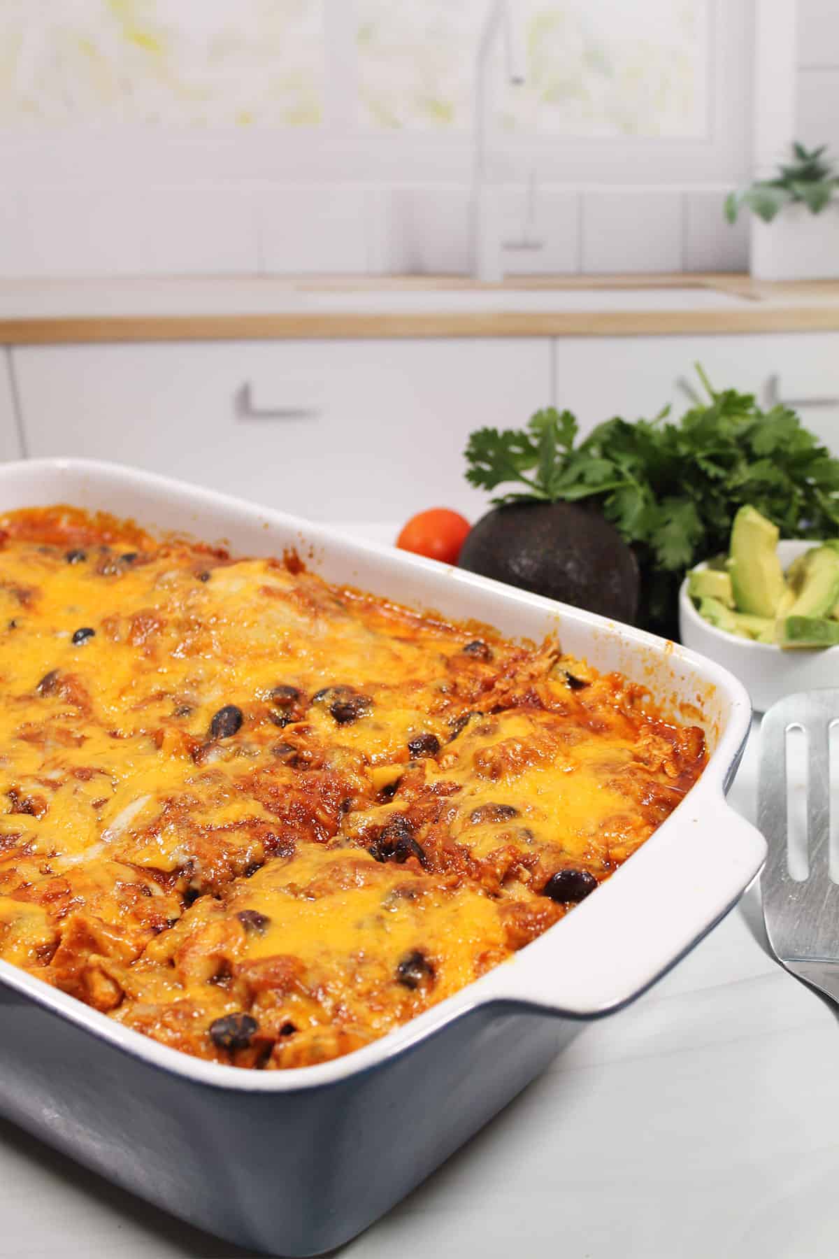 Turkey enchilada casserole on kitchen table.