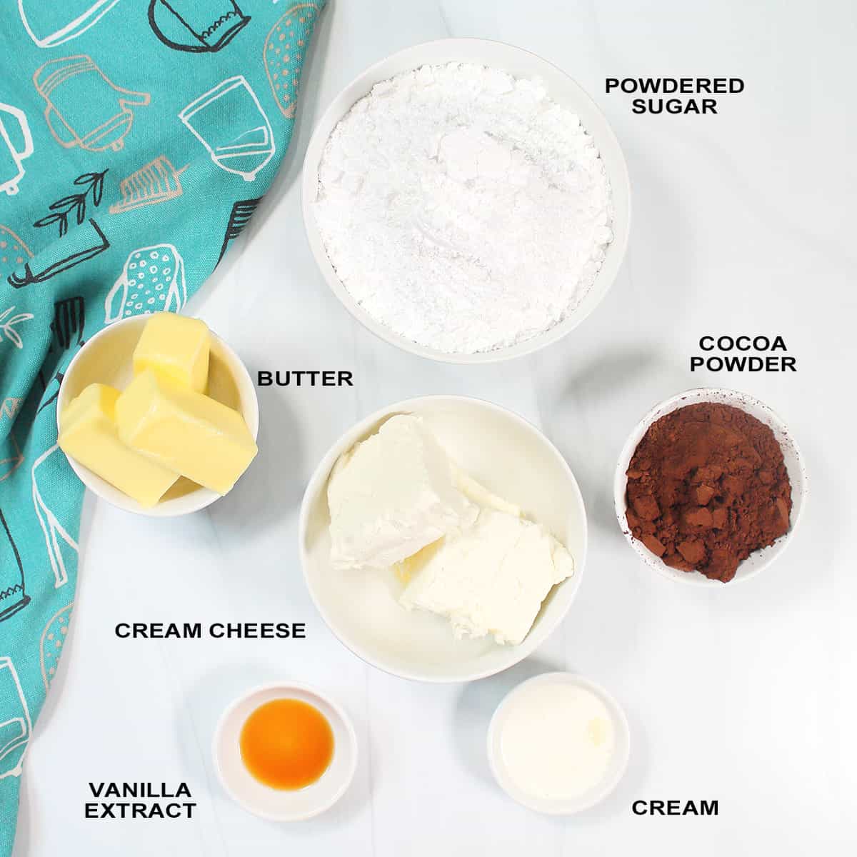 Ingredients for chocolate cream cheese frosting.