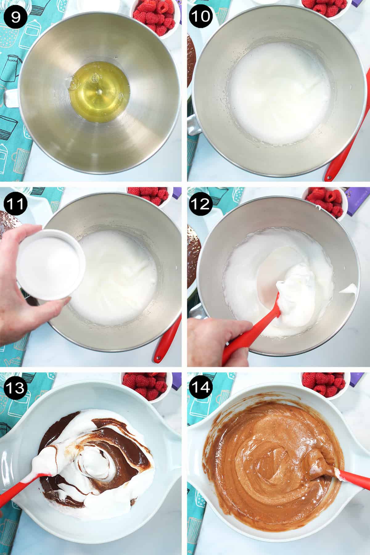 Finishing steps adding egg whites for a fluffier mousse.