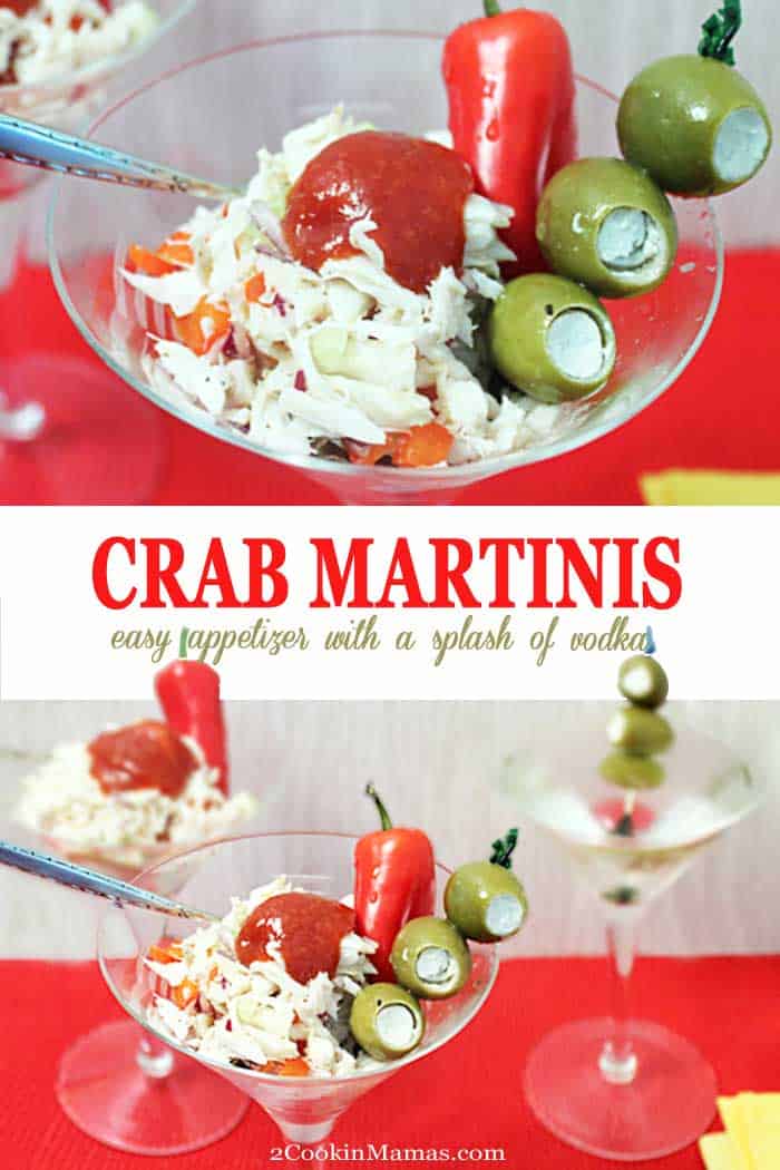 Crab Martini | 2 Cookin Mamas An easy to make Crab Martini piled high in a martini glass. It's a refreshing mix of crab meat, bell pepper, celery and onion, all flavored with vodka. The perfect appetizer for a special occasion. #appetizer #crab #lumpcarb #martini #vodka #easyrecipe #recipe #ValentinesDay #MothersDay