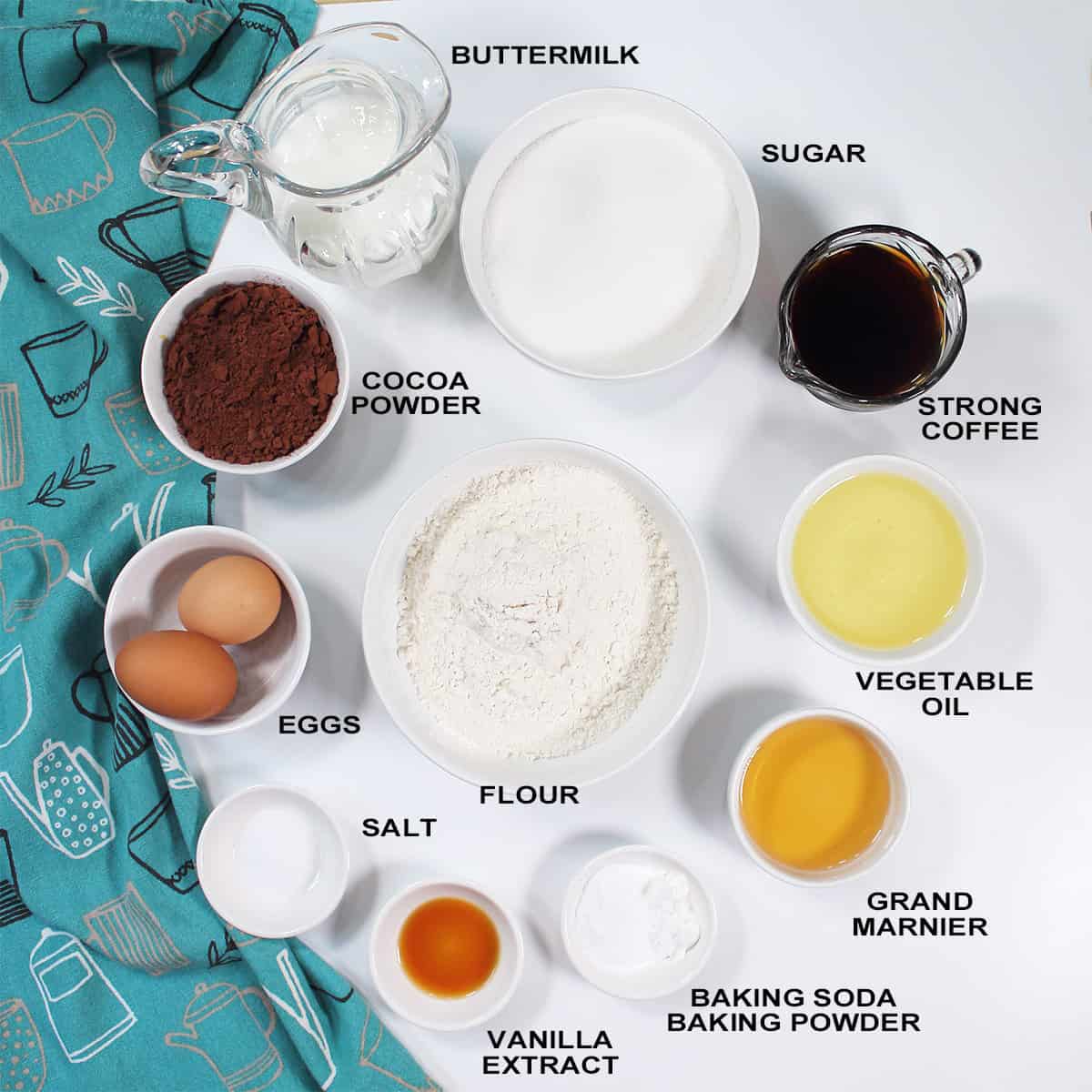 Ingredients for chocolate layer cake.