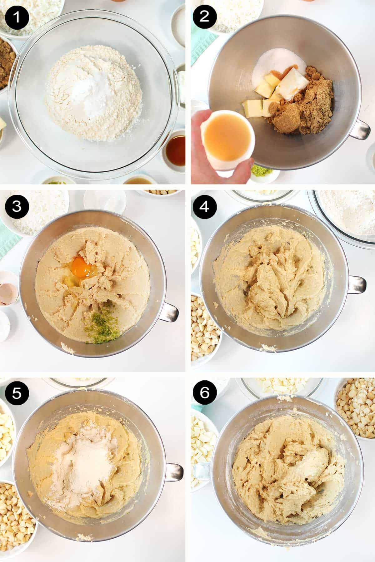 Steps 1-6 to make macadamia white chocolate chip cookies.