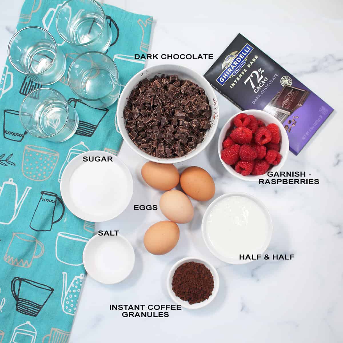 Overhead of labeled ingredients on white table.