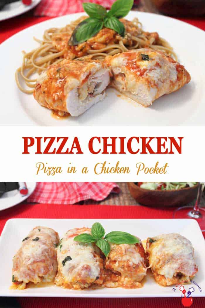 Pizza Chicken | 2 Cookin Mamas Our Pizza Chicken is simple to make and super delicious. It's dinner wrapped up in one little package! Chicken stuffed with all the pizza toppings you love - cheese, pepperoni & more cheese! And cleanup is a breeze! #chickendinner #pizza #chickenbreasts #easyrecipe