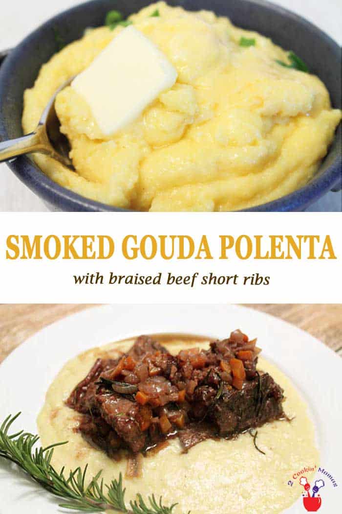 Smoked Gouda Polenta | 2 Cookin Mamas Smoked Gouda Polenta is rich, creamy and cheesy. The smoked gouda cheese lends a rustic deliciousness to this easy to make everyday polenta. #polenta #sidedish #cheesypolenta #recipe