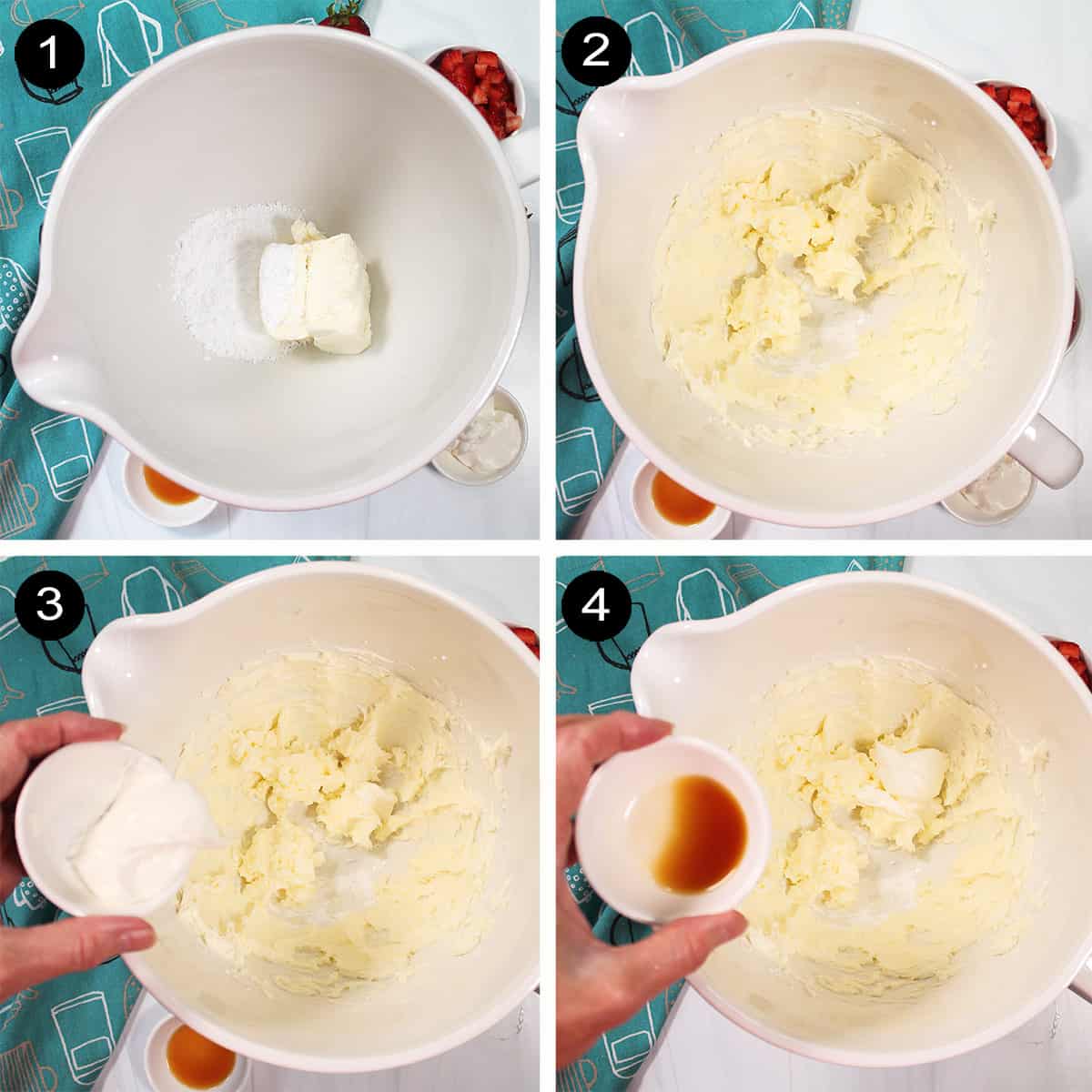 Steps 1-4 to make strawberry filling for cake.