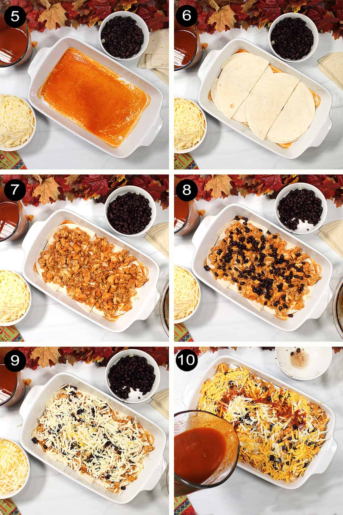 Steps to assemble enchilada casserole.