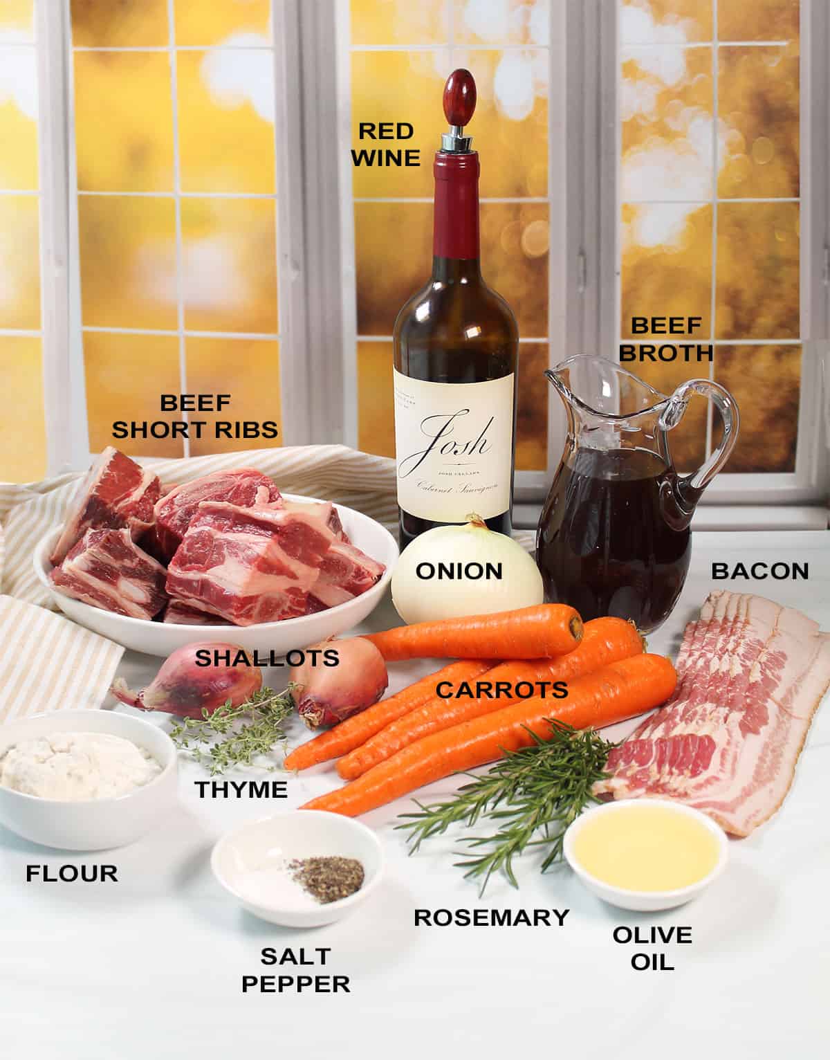 Red wine braised short ribs ingredients.