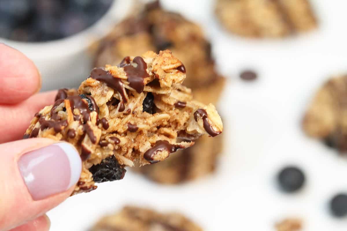 Holding a healthy breakfast cookie with bite taken out of it.