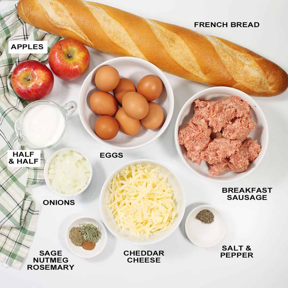 Ingredients for sausage egg and cheese casserole.