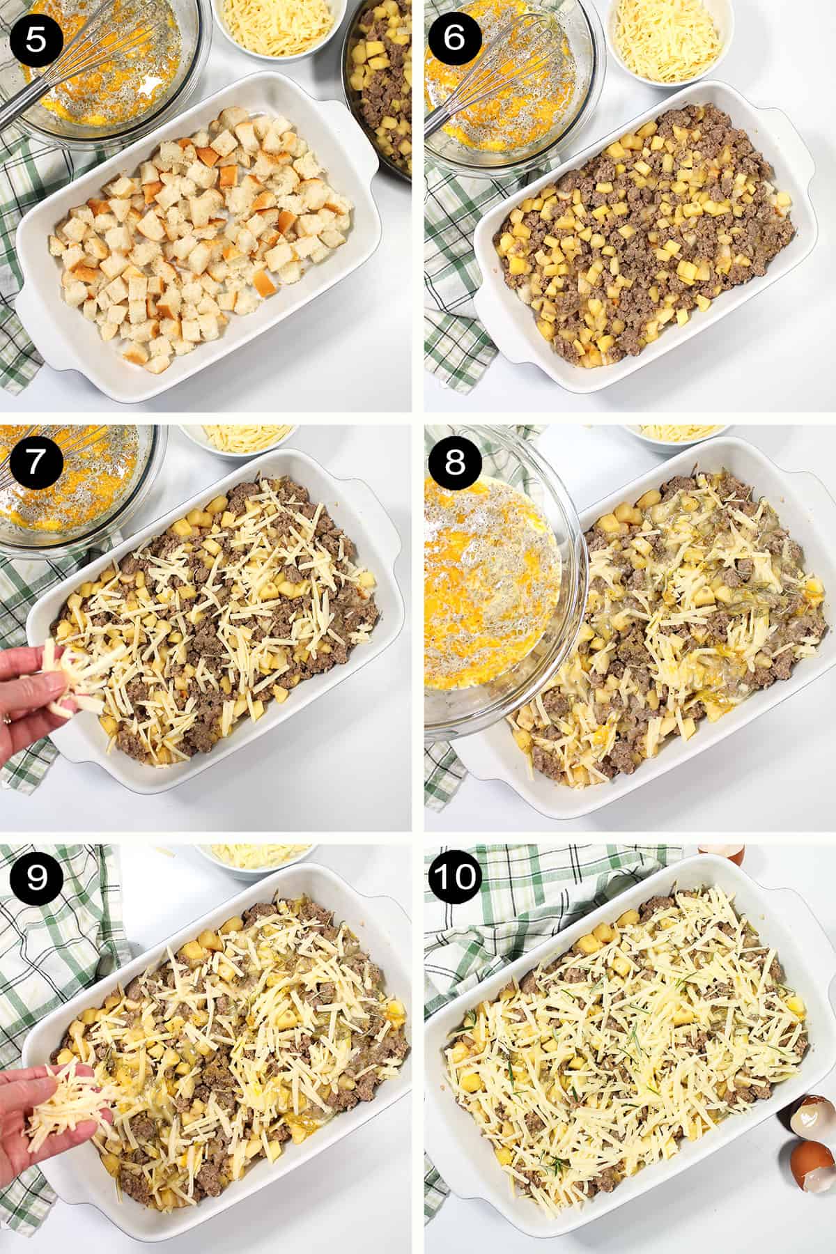 Steps to layer breakfast sausage casserole with bread.