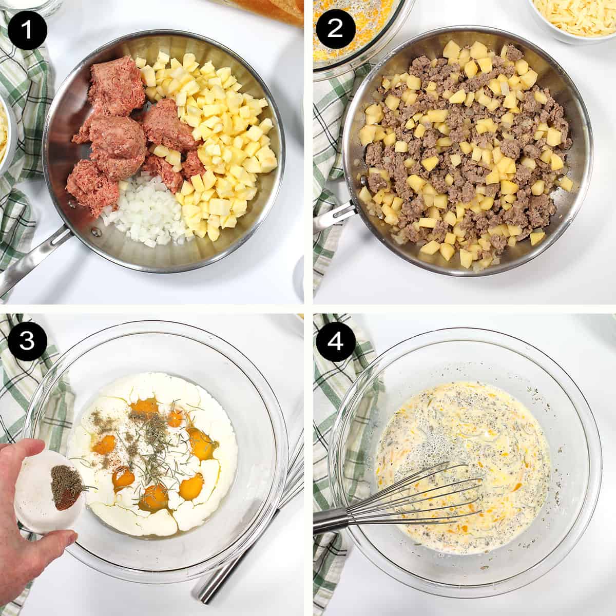 Steps to make sausage and egg mixtures.
