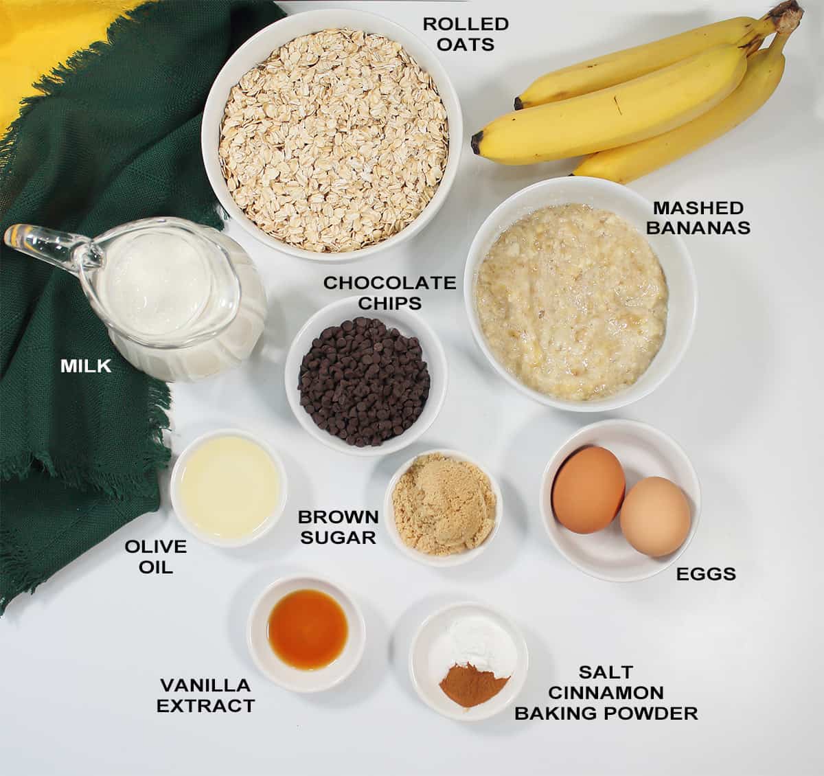 Ingredients for banana oatmeal muffins.