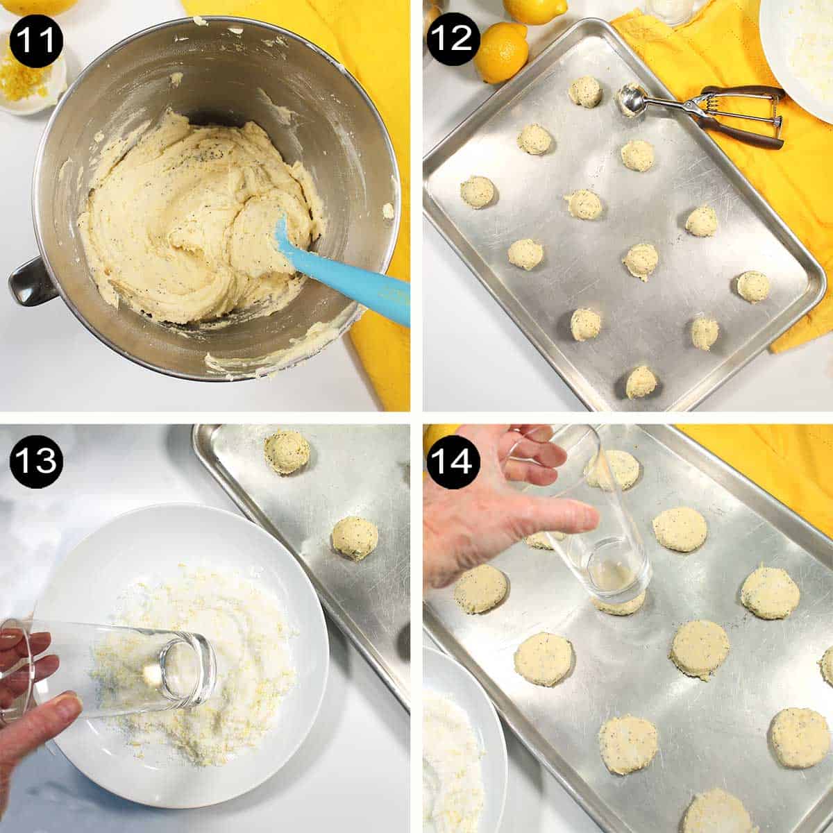 Scooping cookies onto cookie sheets and flattening with lemon sugar.
