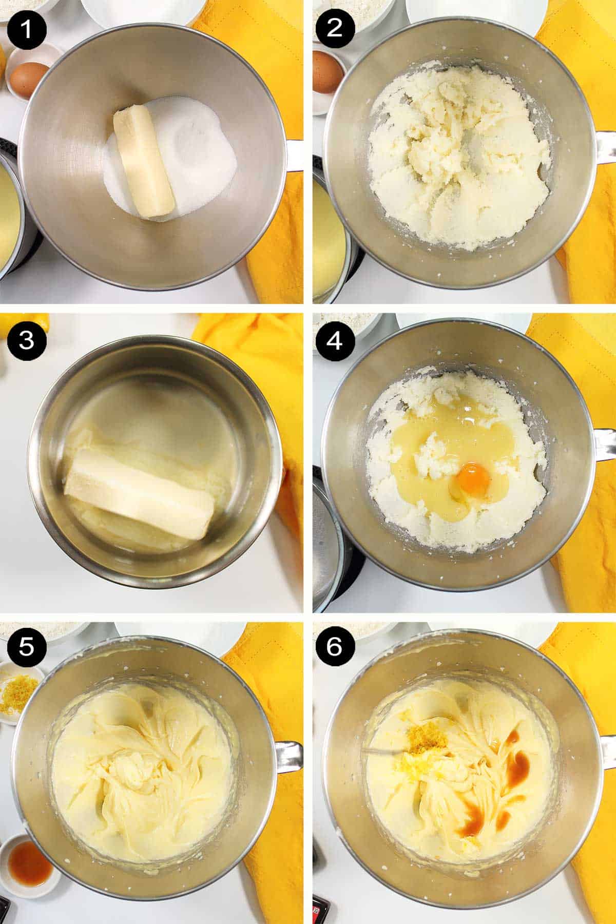 Making lemon cookie batter steps 1-6.