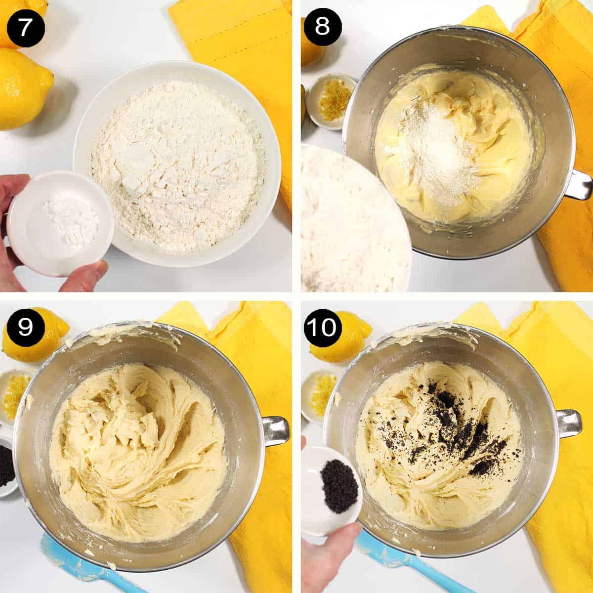 Mixing in dry ingredients and poppy seeds to cookie dough.