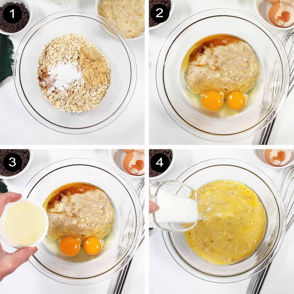 Collage of steps 1-4 to make oatmeal muffins.