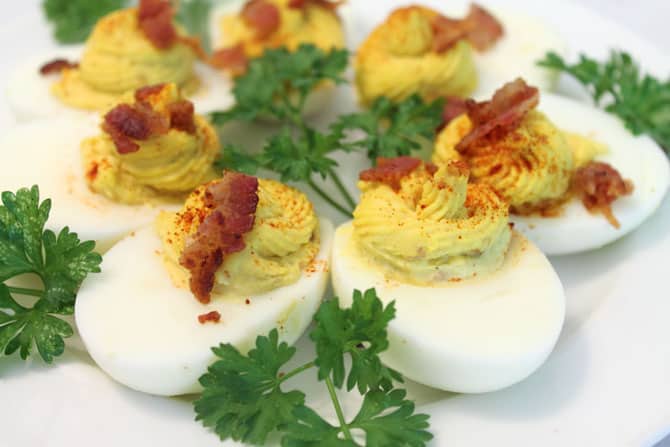 Deviled Eggs with Bacon closeup | 2 Cookin Mamas
