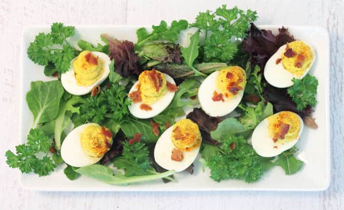 Deviled Eggs with Bacon overhead1 | 2 Cookin Mamas