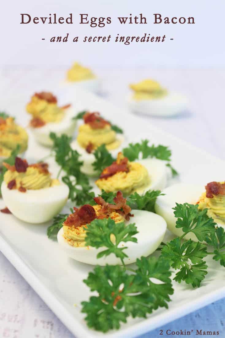 Deviled Eggs with Bacon | 2 Cookin Mamas A great addition to any picnic! Easy to make with a secret ingredient that puts them over the top! #recipe #side dish