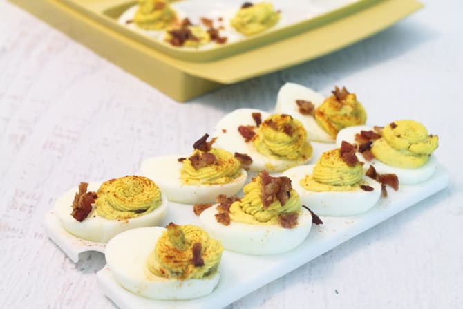 Deviled Eggs with Bacon ready for picnic | 2 Cookin Mamas