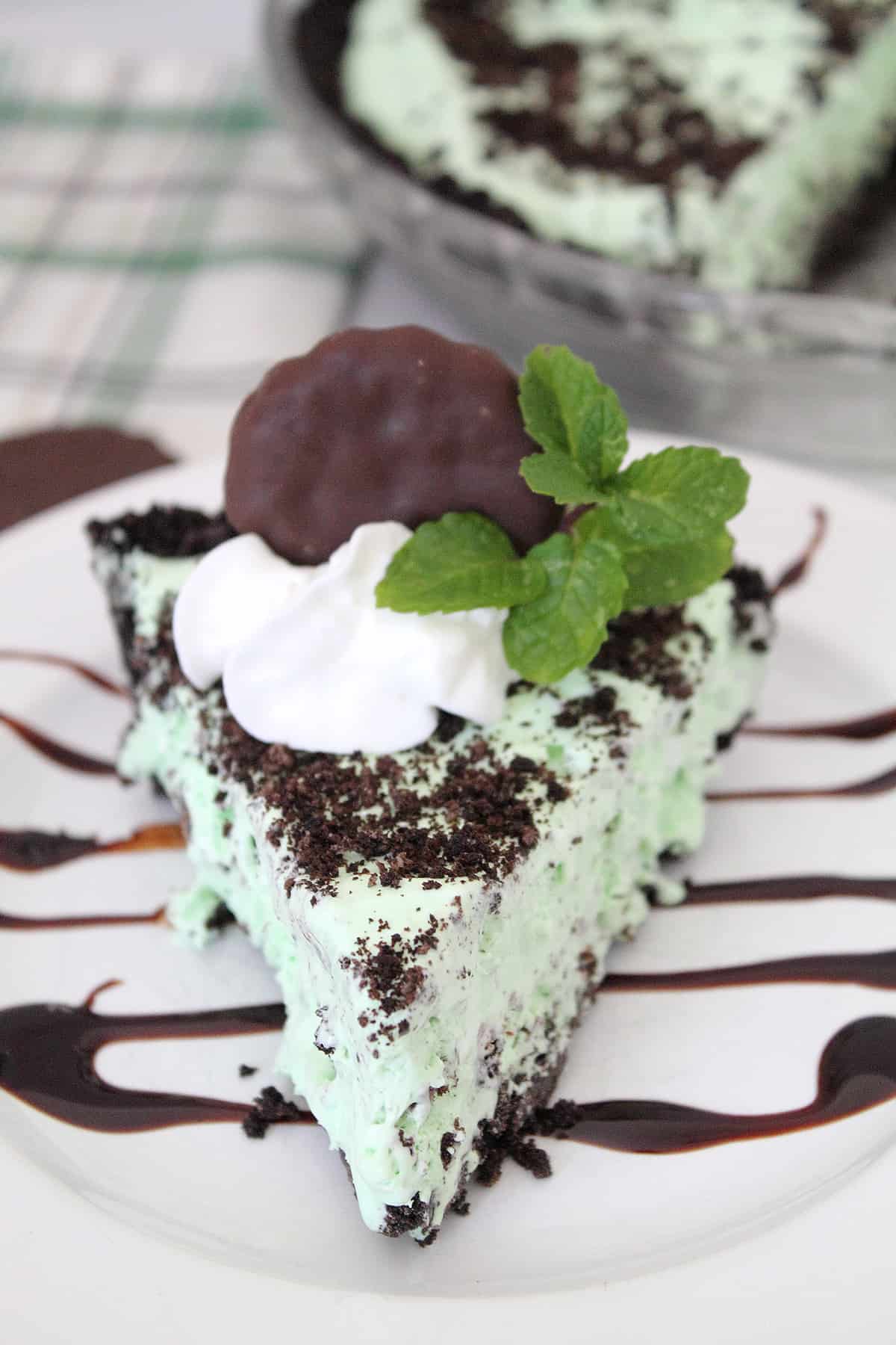 Head on closeup of slice of peppermint pie with whipped cream, mint cookie and sprig of mint on top.
