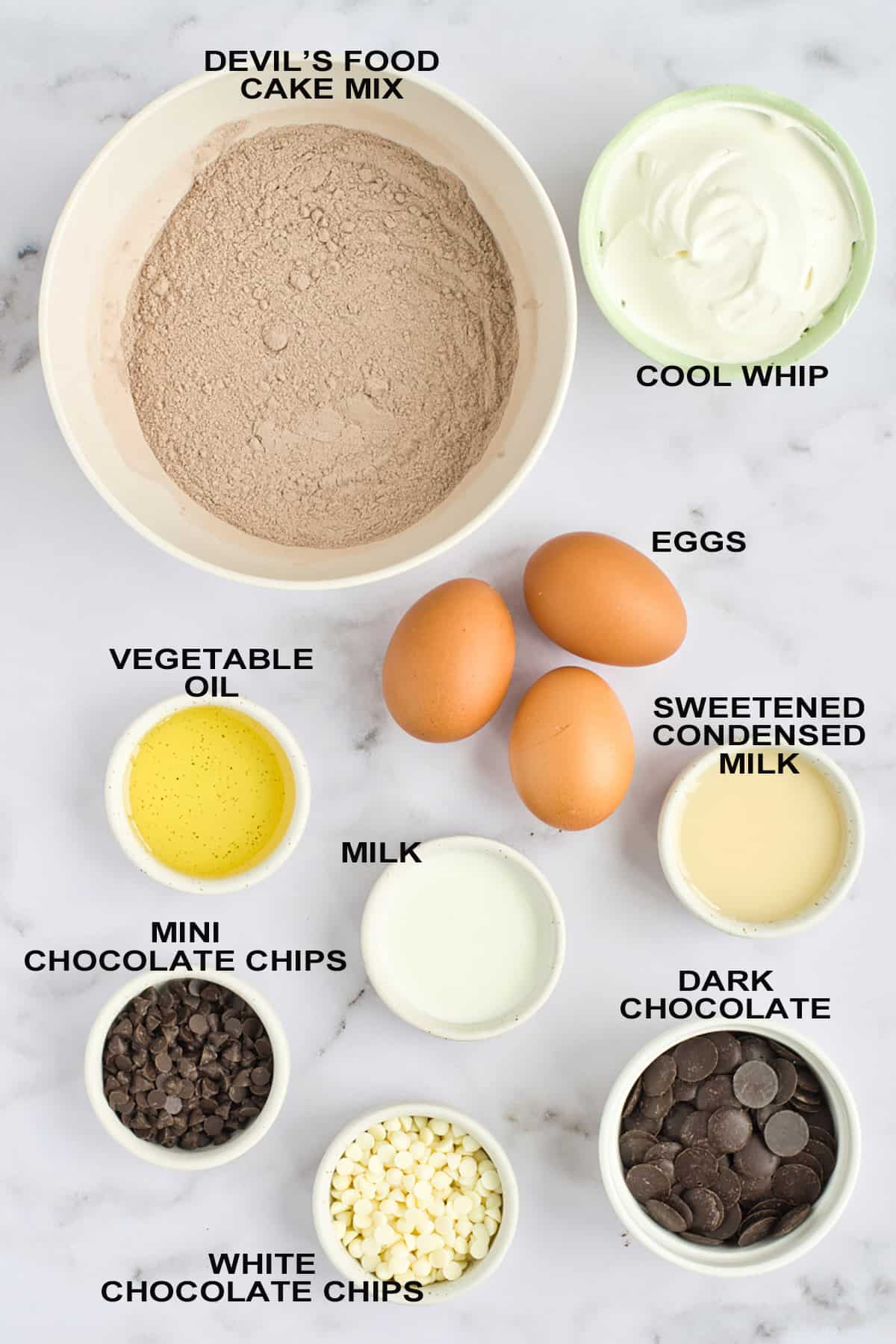 Ingredients for chocolate poke cake.