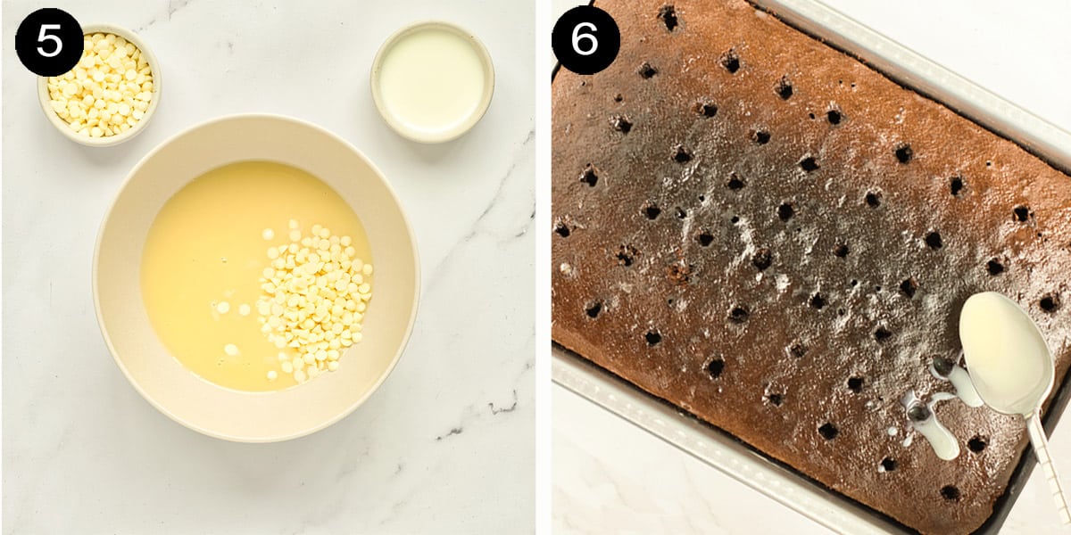 Making white chocolate cream and filling holes.