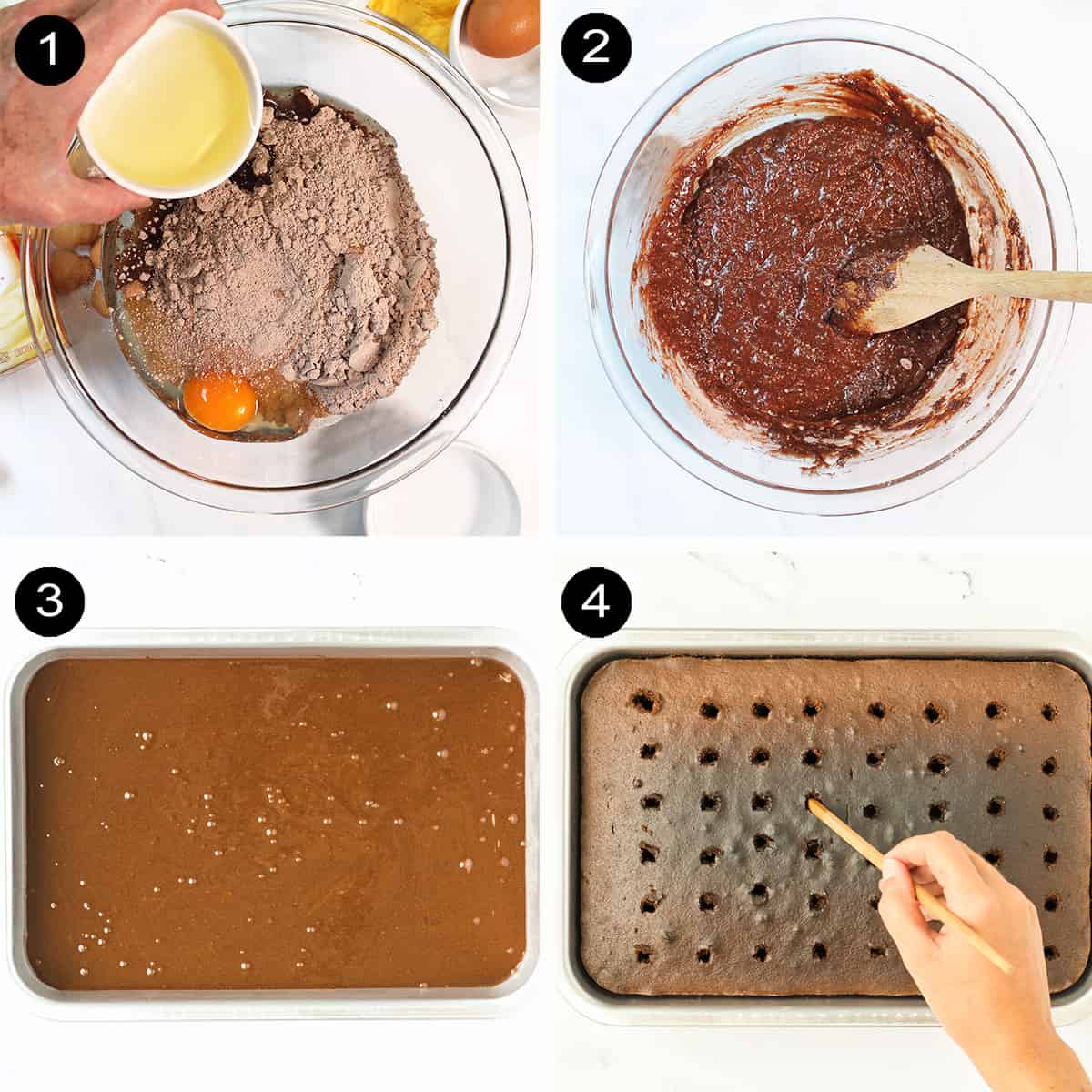 Baking cake steps and poking holes.