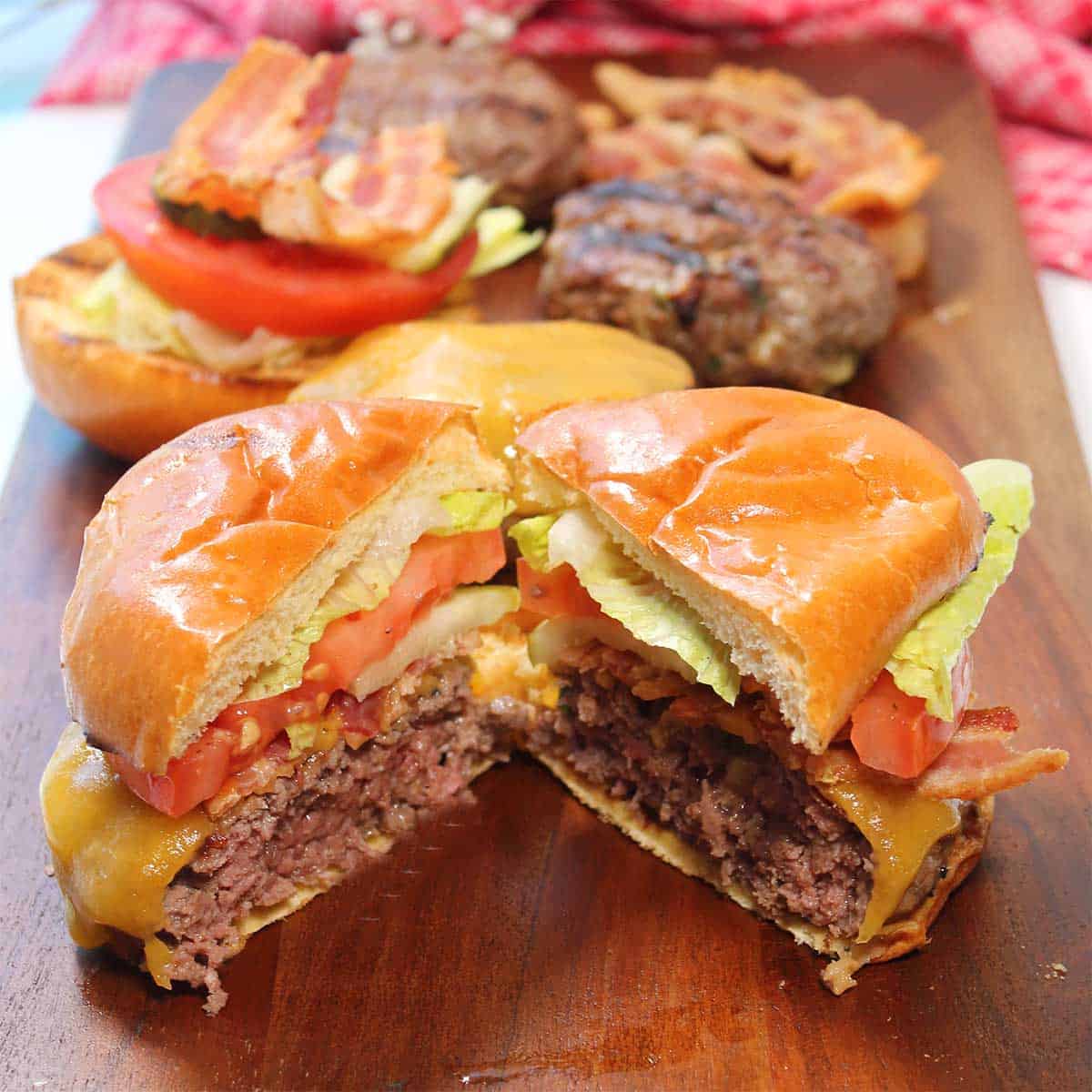 Halved burger with all the toppings.
