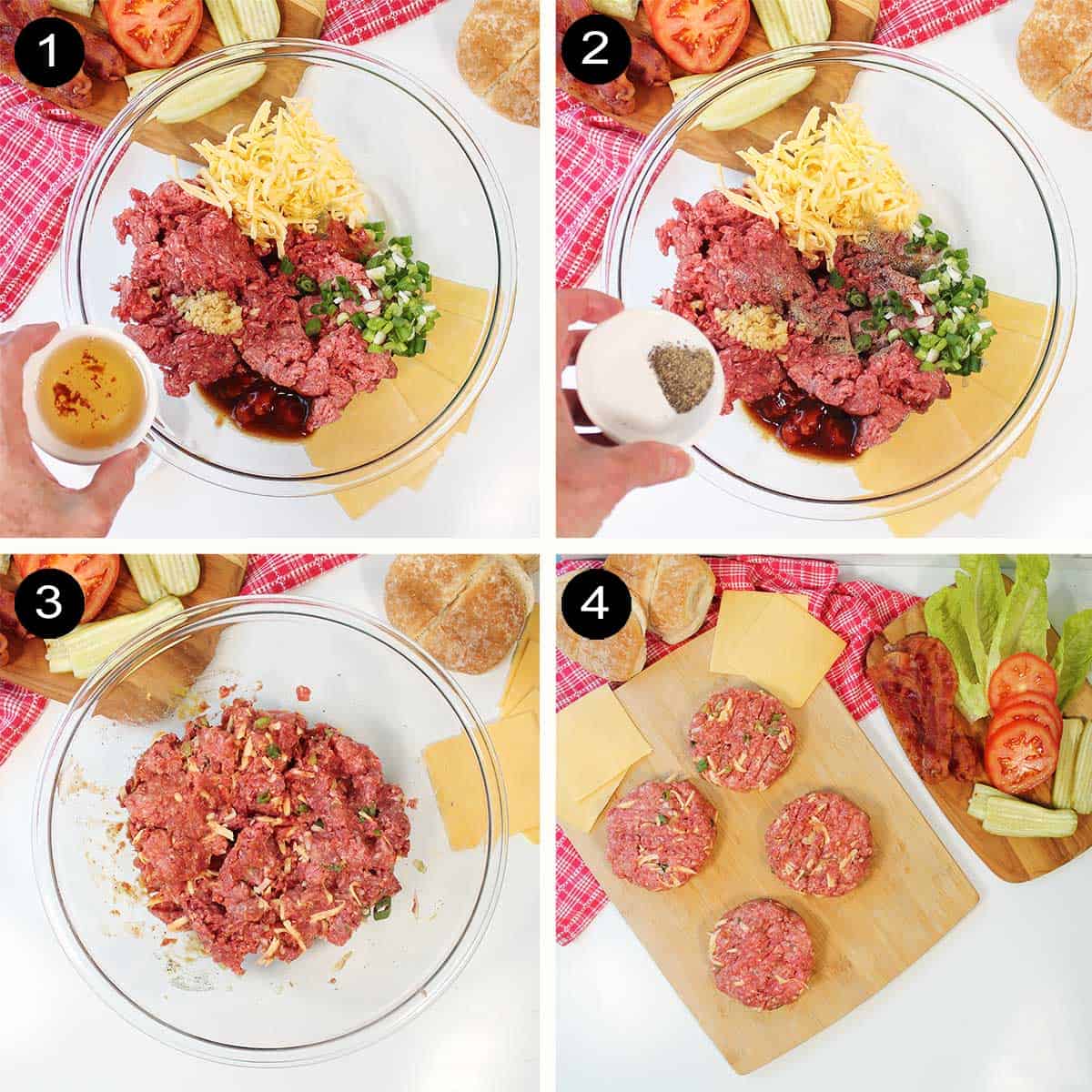 Prep steps to make bison burgers.