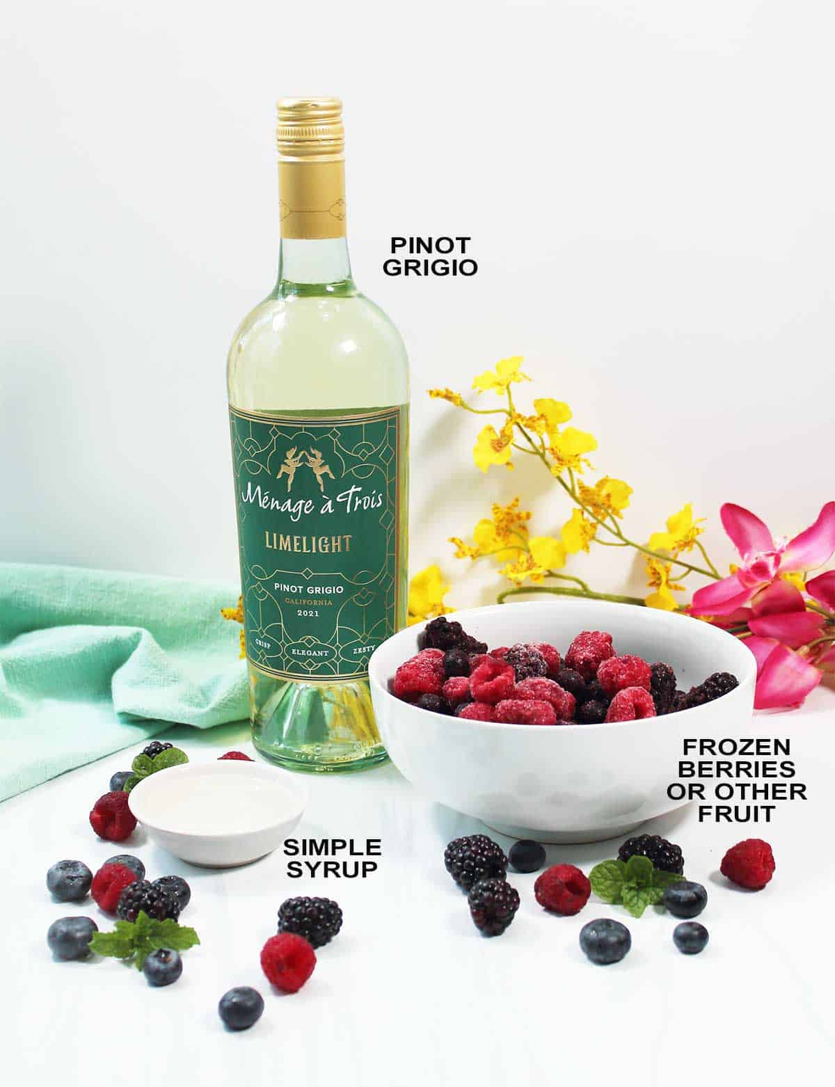 Ingredients for triple berry wine slushies.