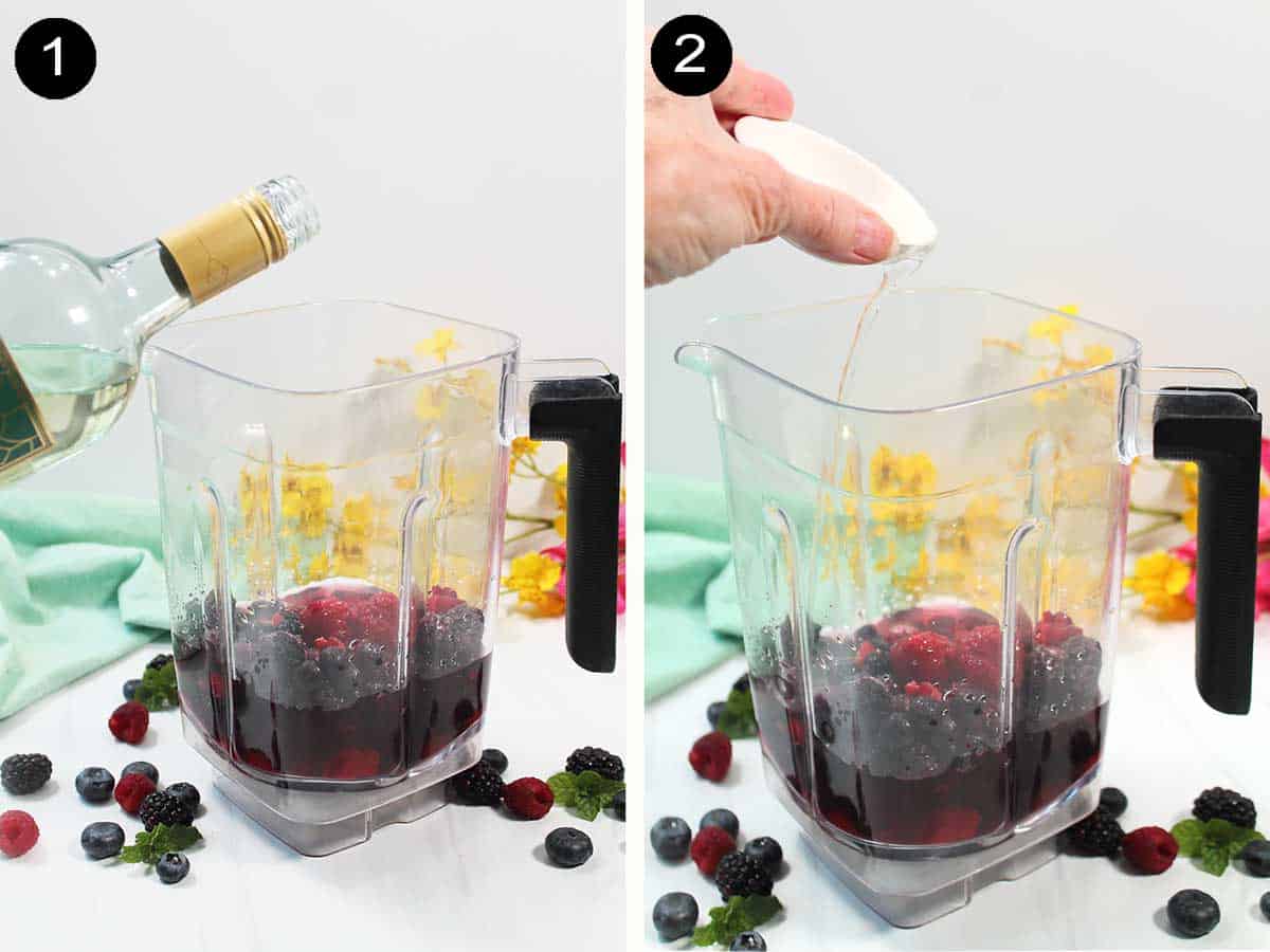 Adding fruit and wine to blender.