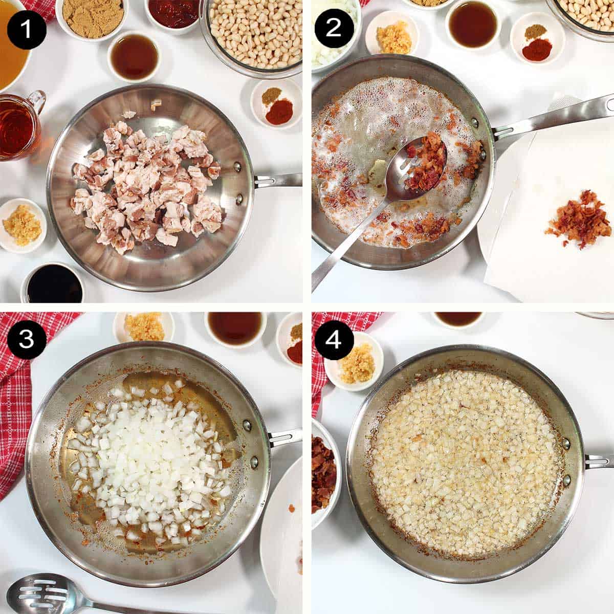 Steps 1-4 to make bourbon baked beans.