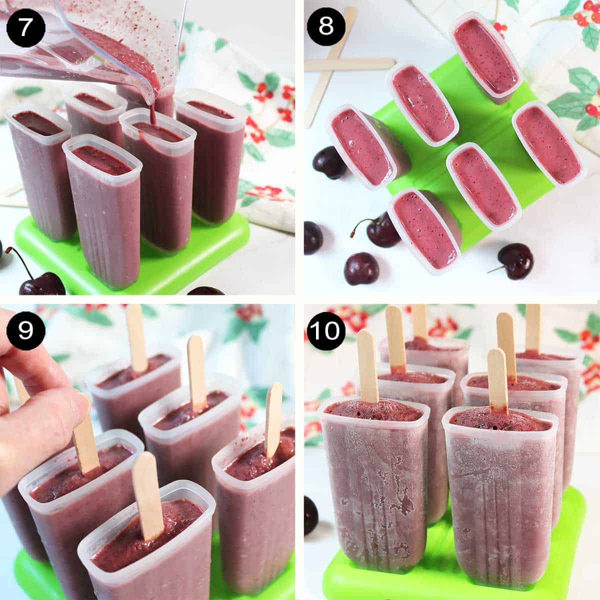 Finishing steps for making cherry chocolate popsicles.