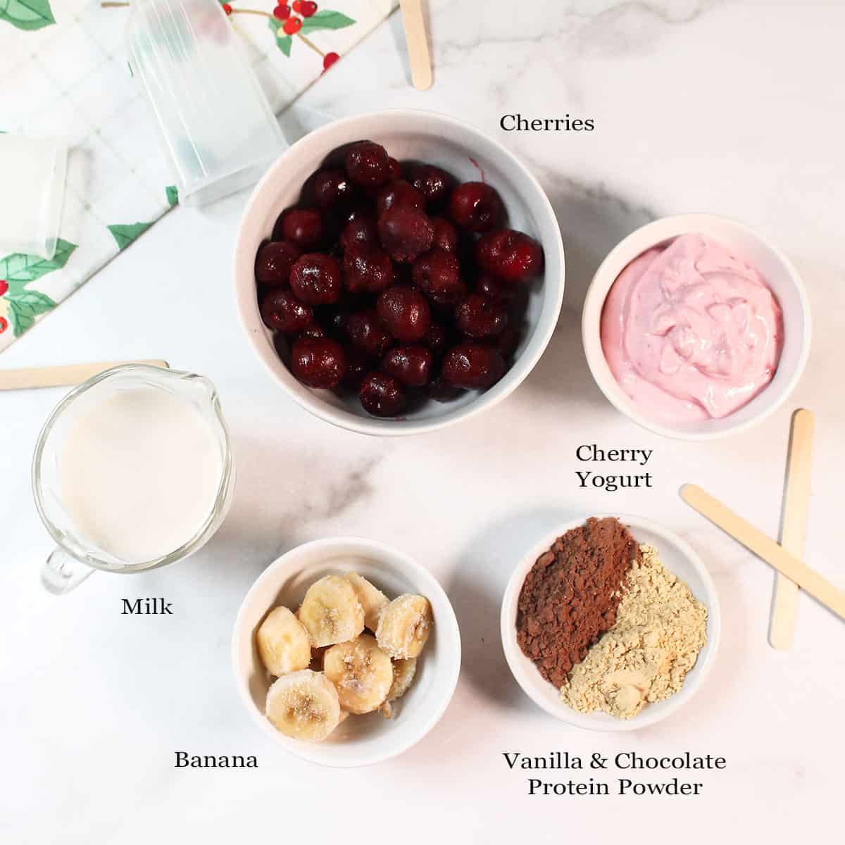 Cherry Chocolate Smoothie Popsicles ingredients.