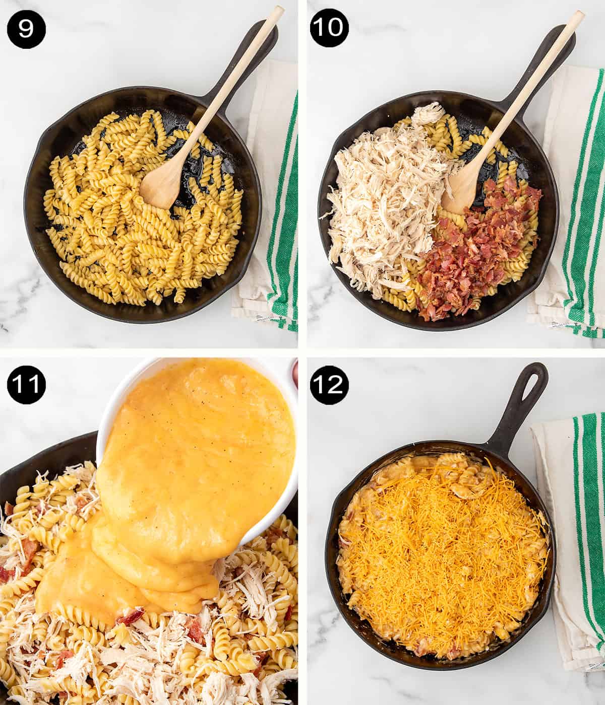 Finishing prep steps for skillet mac and cheese.