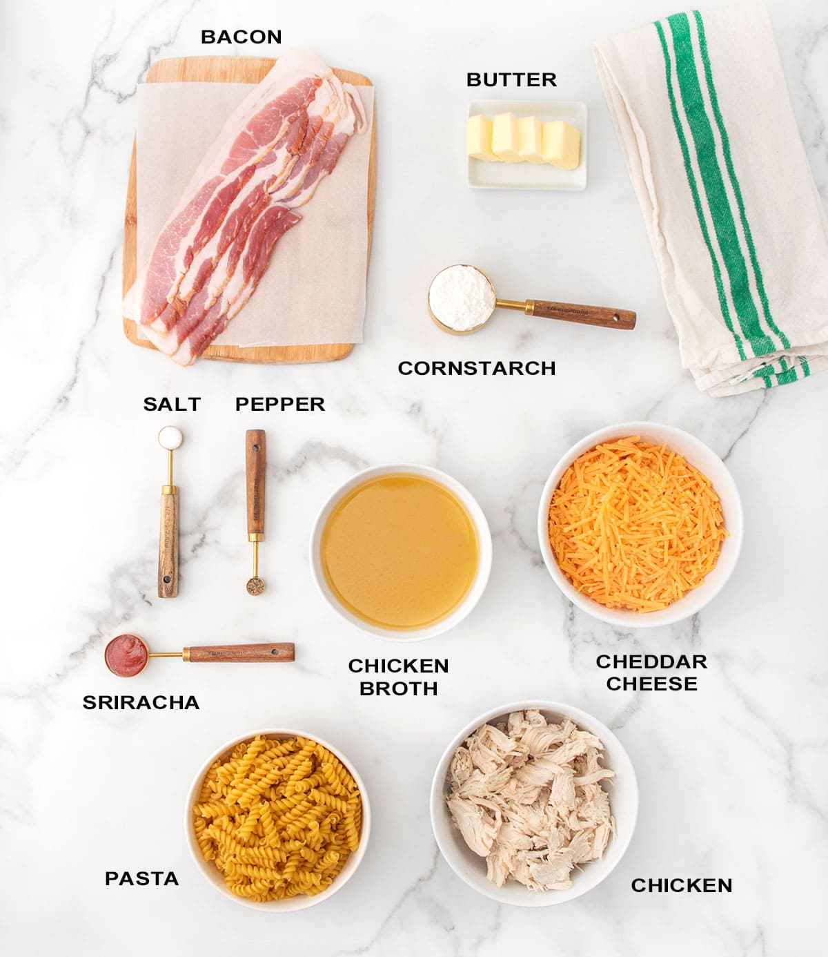 Ingredients for bacon mac & cheese.