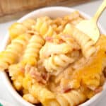 Closeup of mac and cheese with chicken in bowl with fork.