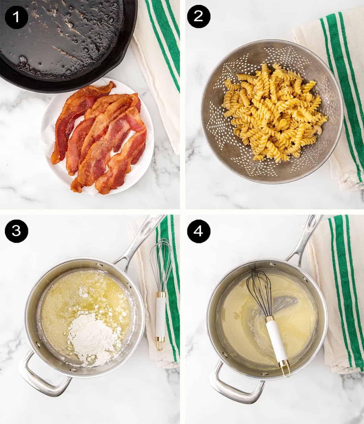 Skillet mac and cheese prep steps 1-4.