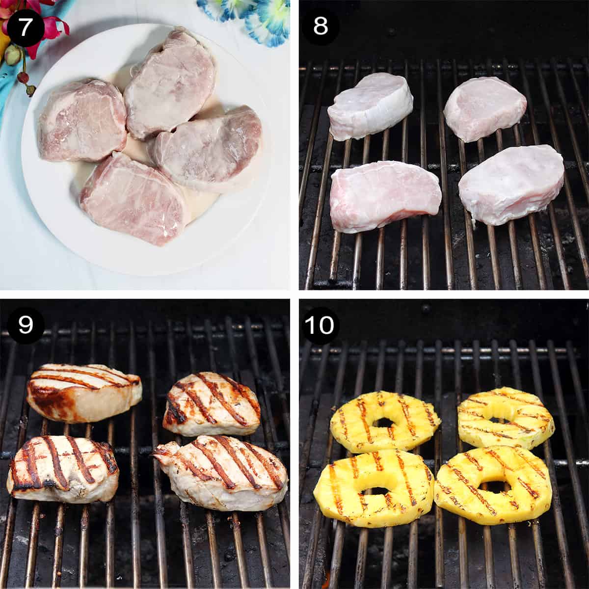 Steps to grill pork chops and pineapple.