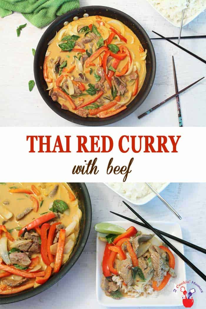 Thai Red Curry with Beef | 2 Cookin Mamas Thai flavors at their best! Thai Red Curry is a quick & easy skillet dinner using fresh vegetables & tender beef & bathed in a delicious coconut curry sauce. Dinner on the table in 30! #dinner #Thaicuisine #beef #redcurry #quickandeasydinner #recipe