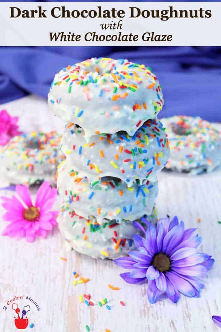 Dark Chocolate Doughnuts main | 2 Cookin Mamas If you're a chocolate lover, you'll love these dark chocolate doughnuts. They bake up so moist that you almost don't need the white chocolate glaze. But go ahead and do it anyway. And there's a gluten-free version too! #recipe