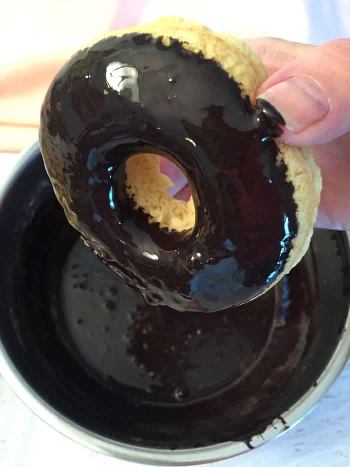 Gluten-free Vanilla Doughnuts with Chocolate Glaze finishing glaze | 2 Cookin Mamas